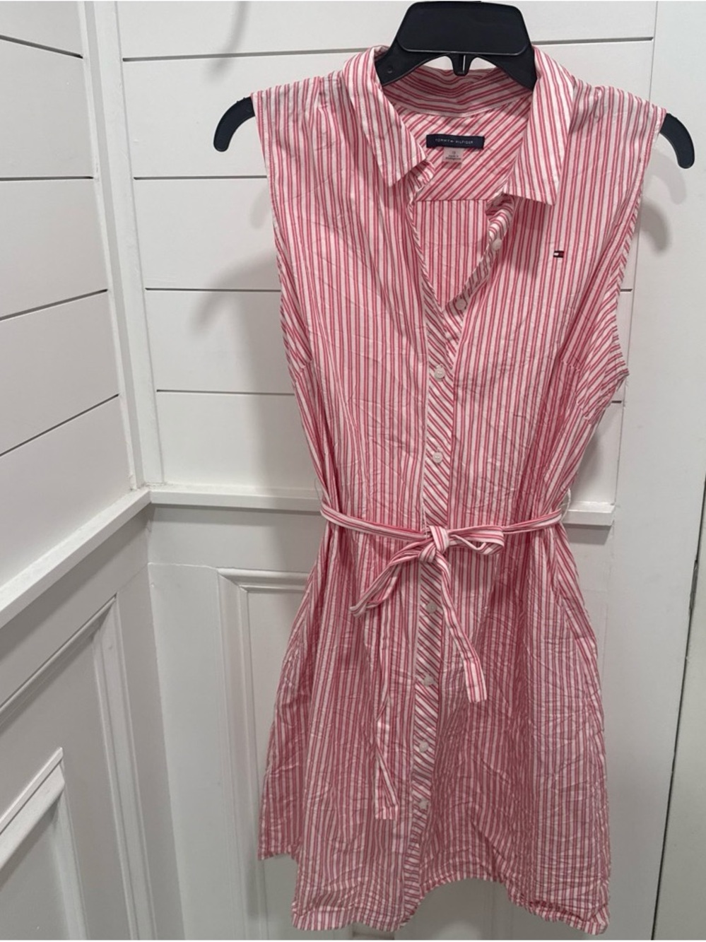 Tommy Hilfiger Red and White Striped Sleeveless Shirt Dress